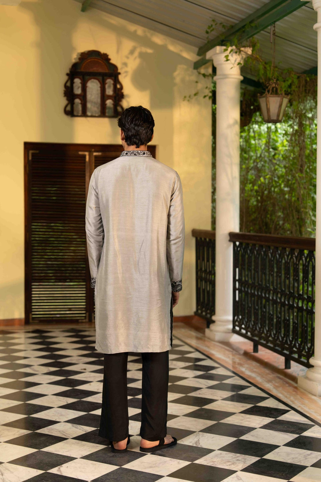 Slate grey tussar silk kurta with charcoal resham mirror work Kurta with raven black tussar silk pant Nafsstore