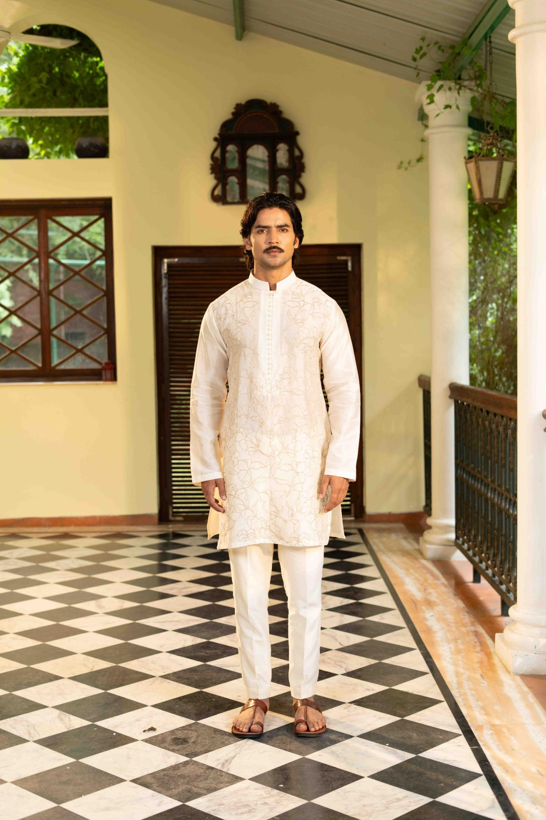 Ivory Chanderi potli button kurta with gold kasab floral embroidery with ivory chanderi pant Nafsstore