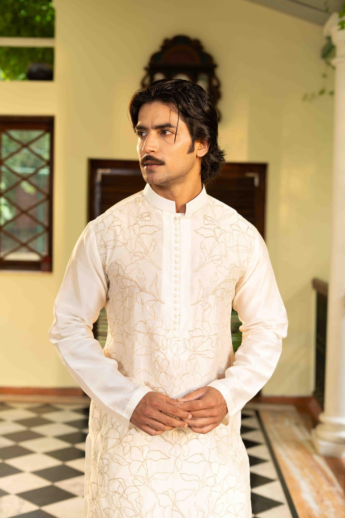 Ivory Chanderi potli button kurta with gold kasab floral embroidery with ivory chanderi pant Nafsstore