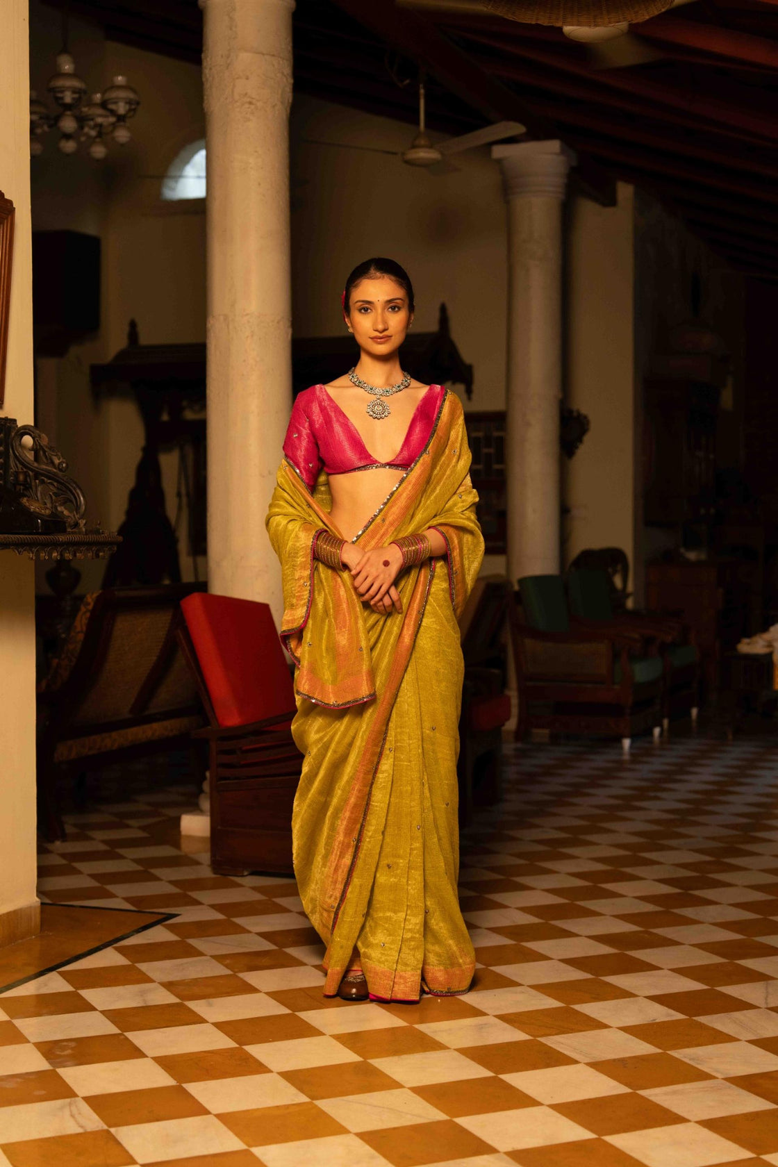 Chartreuse yellow-green textured tissue saree Nafsstore