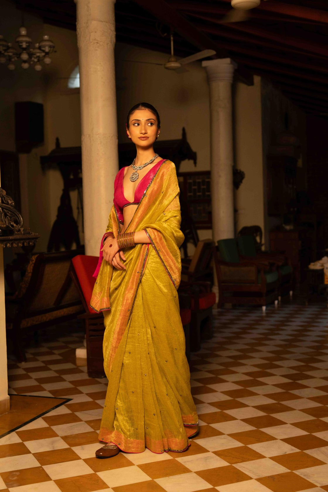 Chartreuse yellow-green textured tissue saree Nafsstore