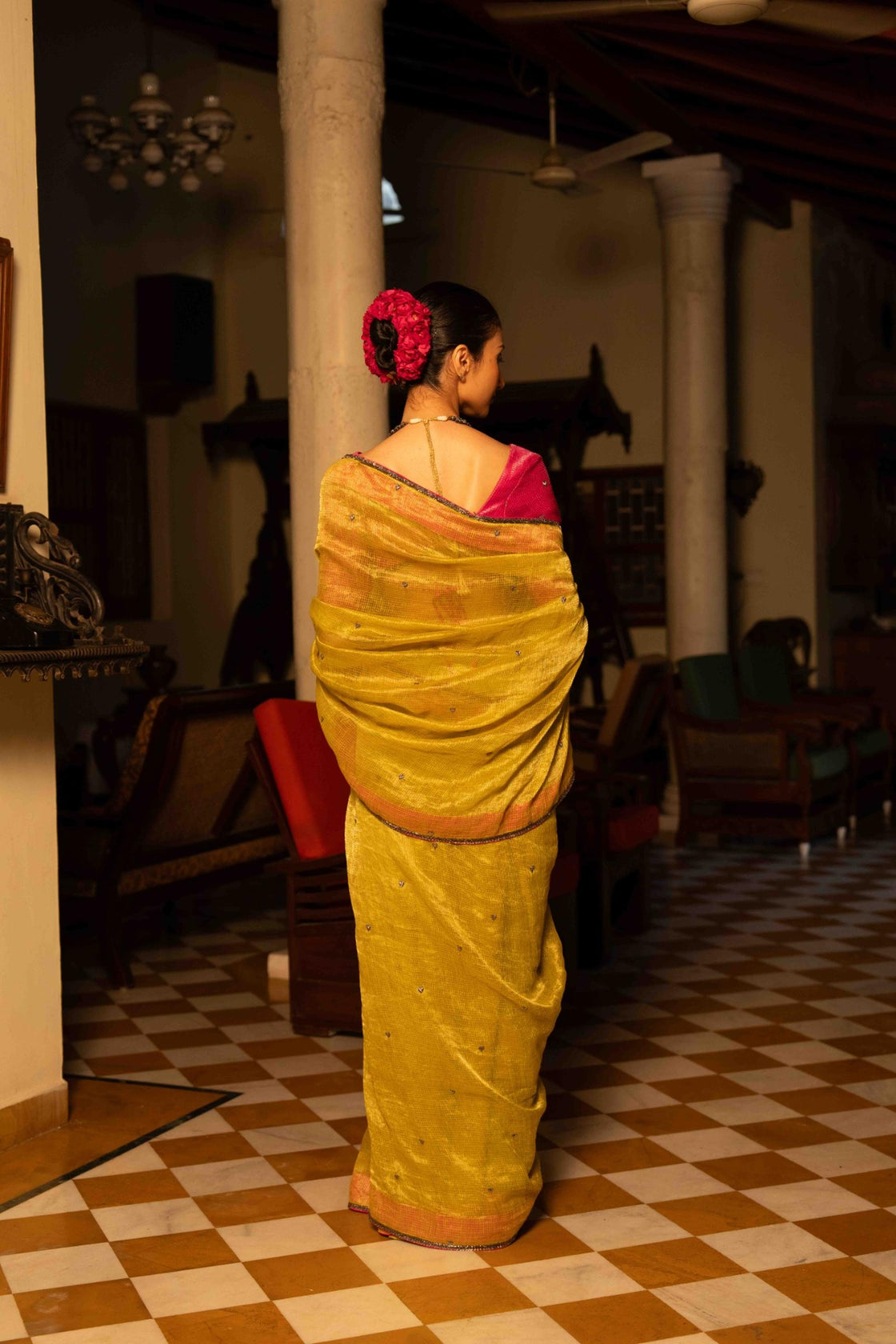 Chartreuse yellow-green textured tissue saree Nafsstore