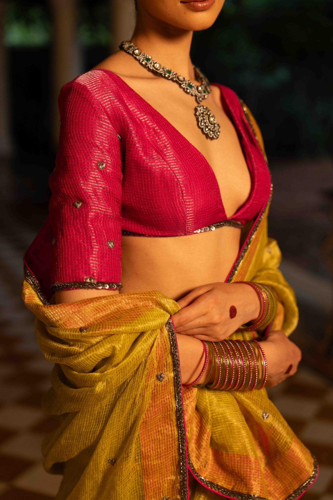 Chartreuse yellow-green textured tissue saree Nafsstore