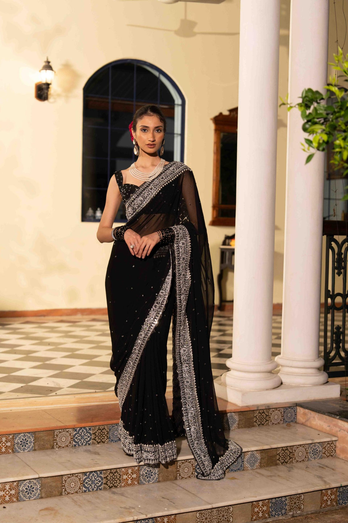 Jade georgette sequin saree with sequin, dori and zardozi border paired with tussar silk sequin blouse Nafsstore