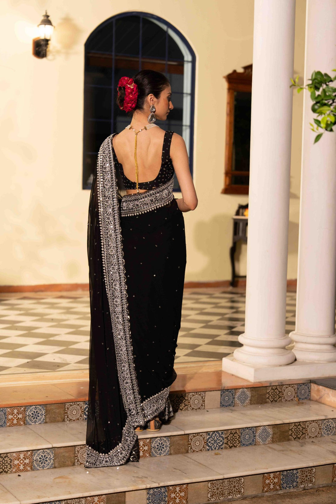 Jade georgette sequin saree with sequin, dori and zardozi border paired with tussar silk sequin blouse Nafsstore