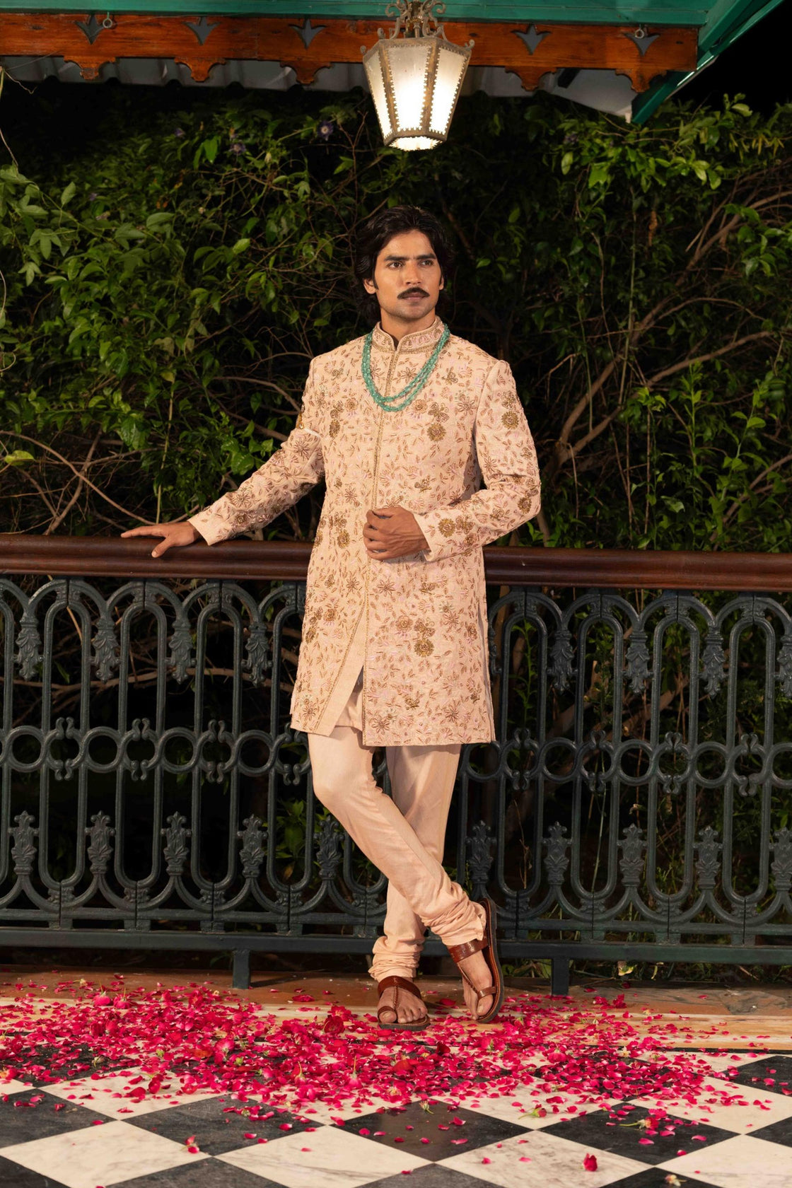 Desert sand matka silk (jute texture) with resham and zardozi floral fable embroidered sherwani paired with mul kurta and churidar Nafsstore