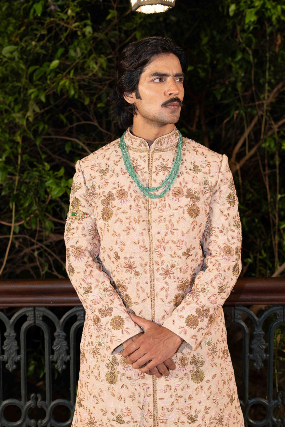 Desert sand matka silk (jute texture) with resham and zardozi floral fable embroidered sherwani paired with mul kurta and churidar Nafsstore