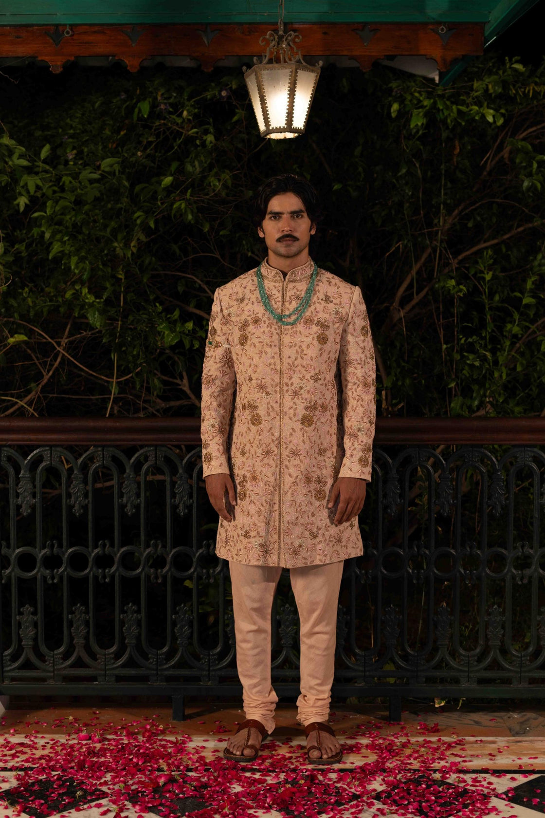 Desert sand matka silk (jute texture) with resham and zardozi floral fable embroidered sherwani paired with mul kurta and churidar Nafsstore